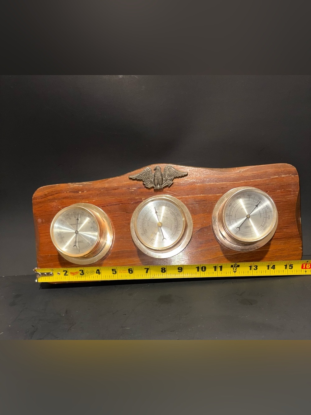 Triple Gauge Wooden Weather Station with Eagle Accent - Brown & Gold
